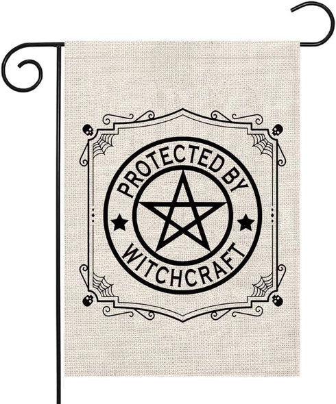Witchy Pentagram Garden Flag, Protected By Witchcraft Spooky Vibes Wiccan Gift