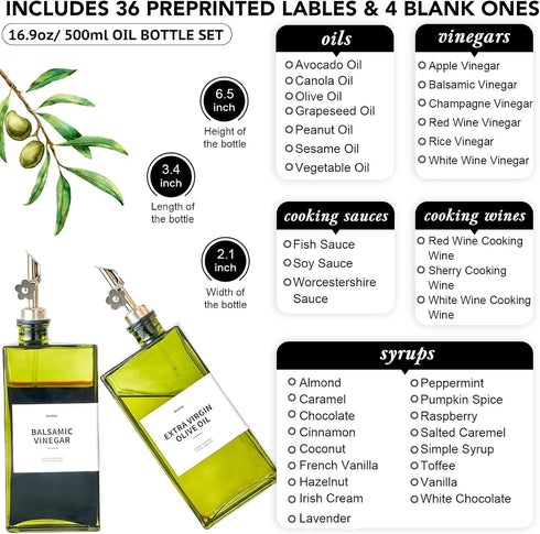 MUVEKA 16.9oz /500ml Set, Olive Oil Dispenser Bottle for Kitchen, Cooking Vinegar Dispenser Bottle Glass Sauce