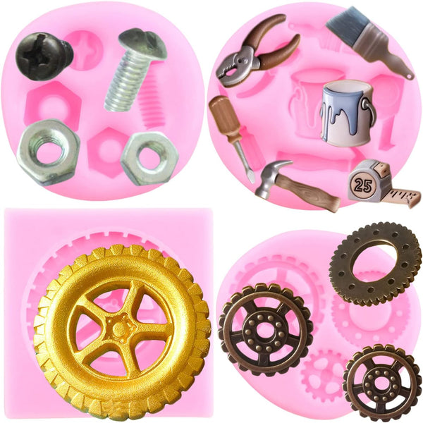 Mujiang Hand Tools Silicone Molds, Construction Tools Fondant Mold Set of 4 for Cake Decorating and Cupcake Toppers