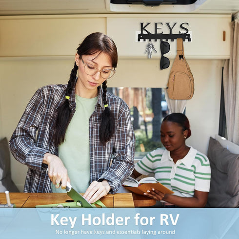 Black Key Holder Wall Mount, Decorative Key Rack Organizer with 10 Hooks, Metal Adhesive Keychain Holder