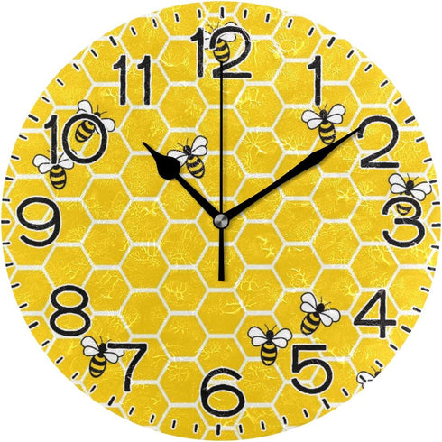 Yellow Bees and Honey Wall Clock, Battery Operated Non Ticking Silent Quartz Analog Rustic Decor