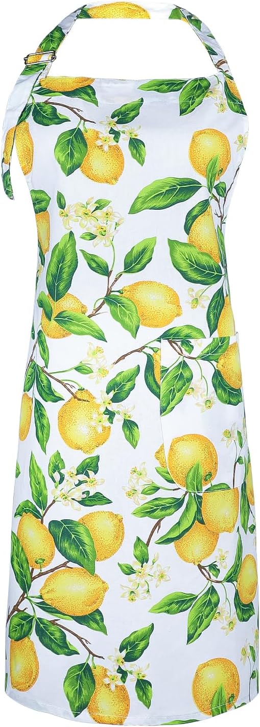 G2PLUS Thick Lemon Kitchen Apron with Pockets, Adjustable Cooking Apron for Baking, 30 x 25 inch