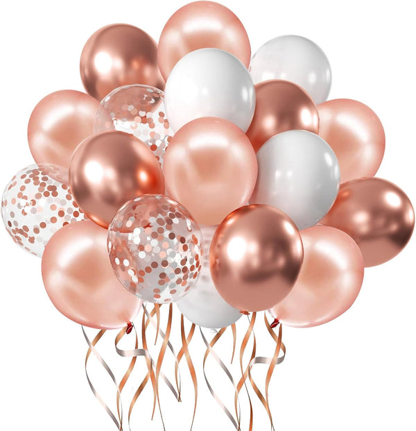 Zesliwy Rose Gold Confetti Balloons, 50 Pack 12 inch White and Rose Gold Latex Balloons for Party Decorations
