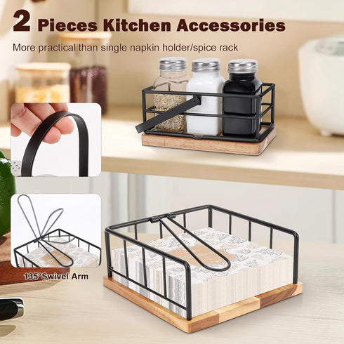 Flat Napkin Holder, Metal Kitchen Napkin Holder with Weighted Tension Arm and Seasoning Storage for Dining Room