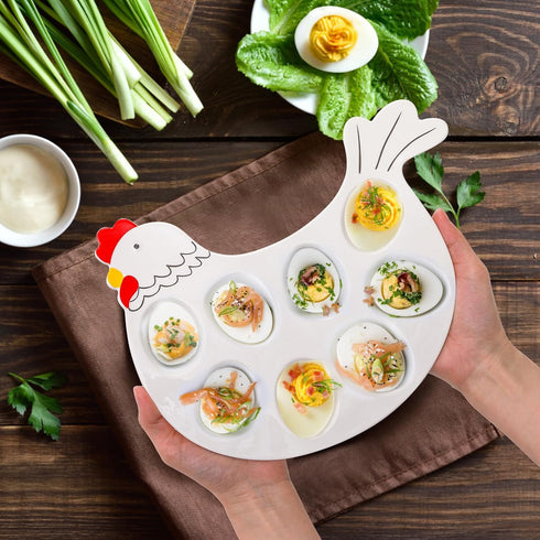 2 Pack 8-Cup Countertop Hedume Deviled Egg Platter Tray, Ceramic Hen Modelling Egg Dish, Easter Egg Tray, Deviled Egg