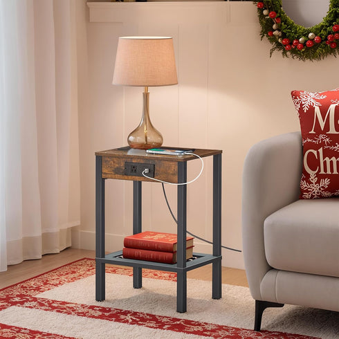 2-Tier BF91UBZ01 HOOBRO Small Side Table with Charging Station, End Table with USB Ports and Outlet, Nightstand