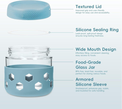 6-Pack 10 oz Gemice Overnight Oats Containers with Lids and Silicone Sleeves, Glass Mason Jars with Airtight Lid