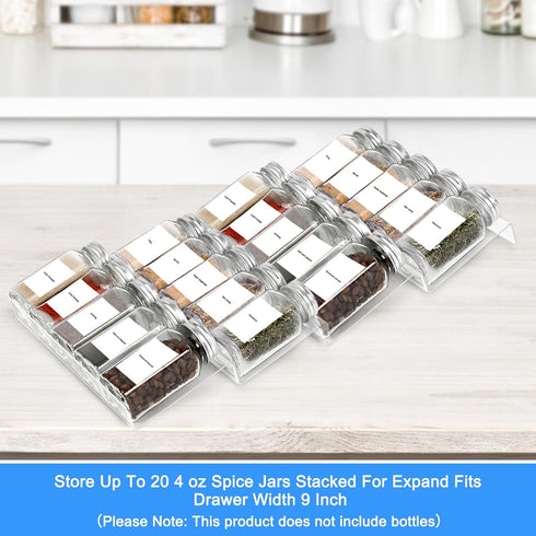 Acrylic Spice Organizer, Expandable Seasonings Spice Rack from 9" to 18", with 160 Labels for Drawer/Countertop