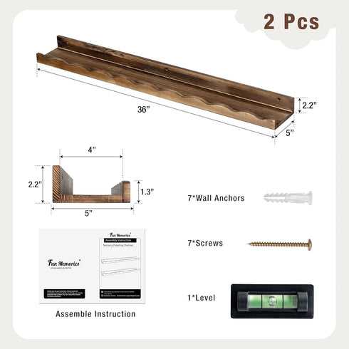 36 inch Set 2- Fun Memories Picture Ledge Shelf for Wall, Pine Wood Nursery Book Shelves of Wall Book Shelves for Kids