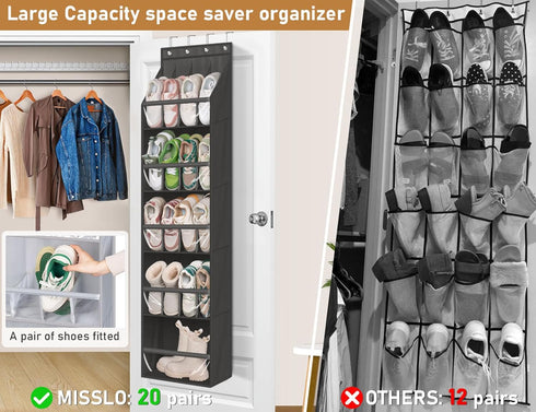 MISSLO 20 Pairs Over the Door Shoe Organizer for Closet Narrow Hanging Shoe Rack for Door Hanger Deep Pocket Door Shoe Holder Storage for Boots, Size 13 Sneakers, Black by MISSLO