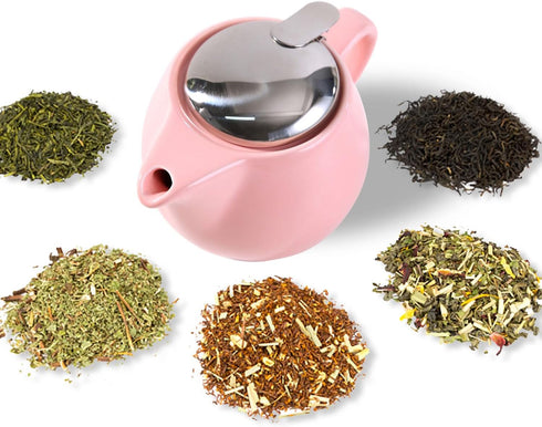 Small Ceramic Teapot with Stainless Steel Infuser - Heat Resistant Pink Tea Pot for Loose & Blooming Tea, 350ml