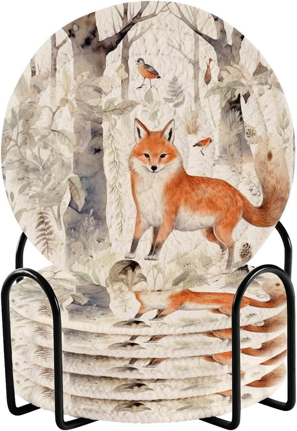 SDMKA Cute Forest Fox 6 Pcs Cotton Woven Coasters with Holder - 3.9