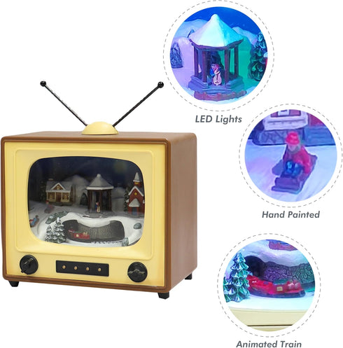 6" 8 MOMENTS IN TIME Retro TV Christmas Village Scene Animated Train, LED Lights, Plays Classic Holiday Songs Battery