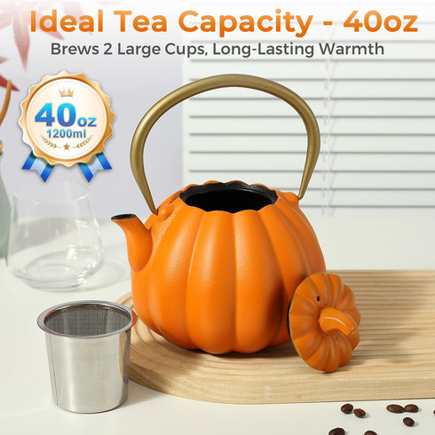 40oz Orange Pumpkin Cast Iron Teapot with Infuser - Japanese Iron Tea Kettle with Enamel Interior, Cute Halloween
