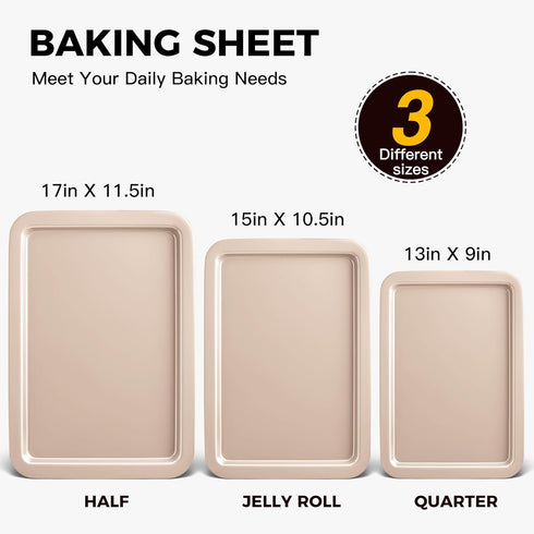 HONGBAKE Nonstick Cookie Sheets Set, Baking Sheet with Wider Grips, 3 Pack Half/Jelly Roll/Quarter Baking Tray,