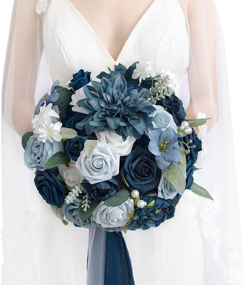 Ling's Moment 50Pcs Navy Blue Roses Artificial Flowers Decor w/Stems, 3" Real Touch Foam for Wedding Bouquets,