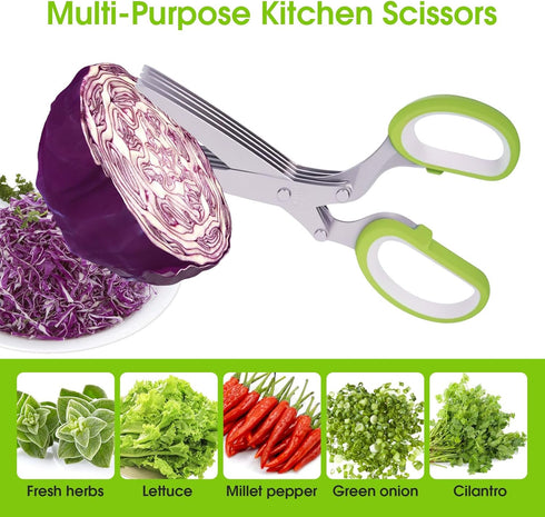 Herb Scissors with 5 Blades and Cover - Multipurpose Kitchen Shears for Cutting and Stripping, Green