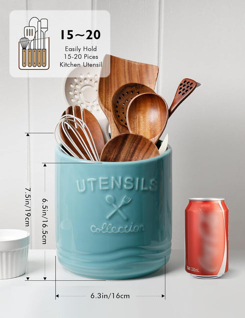 AISBUGUR Large Ceramic Utensil Holder 7.5" H×6.3" W with Slanted Mouth - Utensil Crock with Non-Slip Cork Base for Kitchen Counter, Ideal for Decor & Gift,Blue