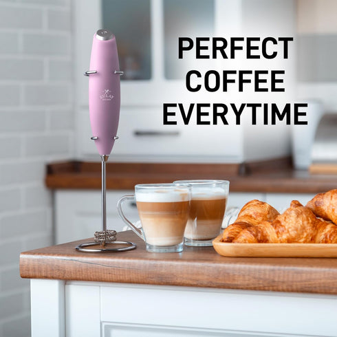 Zulay Kitchen Powerful Double Whisk Milk Frother - Handheld Foam Maker with Stand for Coffee, Pink