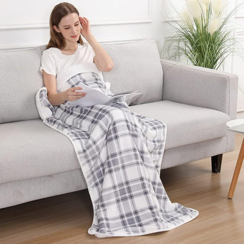 WOOLALA 3 Settings (55 31.5in) USB Plaid Heated Shawl Blanket, Wearable Fleece Electric Heating Blanket with Snap