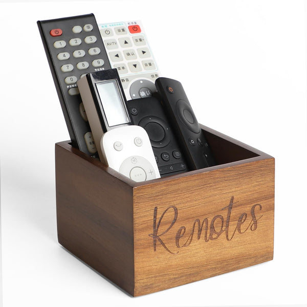 Remote Control Holder Caddy, Acacia Wood TV Organizer for Table, Vintage Farmhouse Desk Caddy for 3+ Remotes