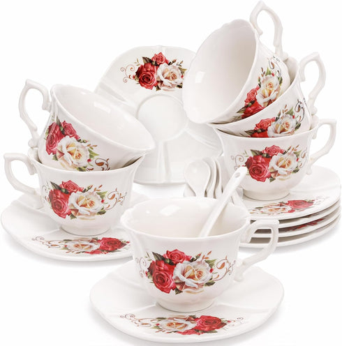 Foraineam Tea Cup and Saucer Set of 6, Porcelain Ivory Rose Tea