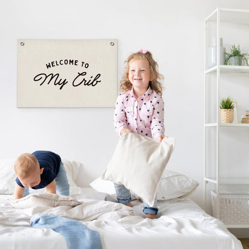 Welcome to My Crib Kids Room Decor - Linen Banner Wall Hanging Canvas Banner Flag Decor for Toddler Boys Girls Bedroom