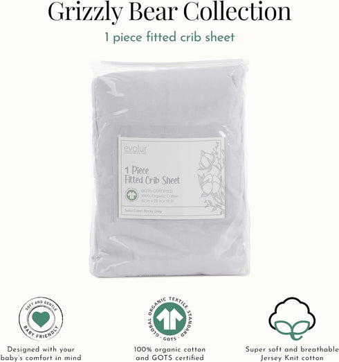 1 Evolur Piece Rock Grey Full Crib Solid Fitted Sheet, Fitted Crib Sheet for Standard Crib and Toddler Mattress, Soft