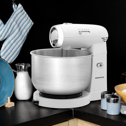 OVENTE 3.5-Quart Electric Kitchen Stand Mixer, 250-Watt Power, 5 Speed Control, White, 2 Blender Attachments SM680W