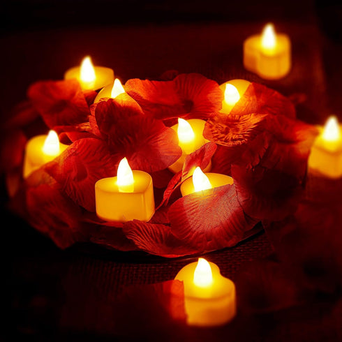 Honoson 1000 24 Pieces Artificial Rose Petals with Pcs Flameless Heart Shaped LED Tealights Candles Special Romantic