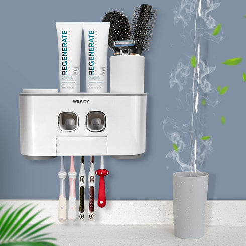 5 2 4 Toothbrush Holder Wall Mounted, WEKITY Multi-Functional Toothbrush and Toothpaste Dispenser for Bathroom