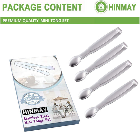 Mini Serving Tongs Set of 4, 5-Inch Stainless Steel Small Appetizer Tongs