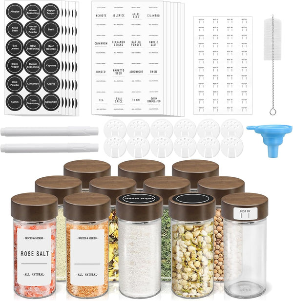 VIBRATITE 12 Pack Spice Jars with Acacia Lids, 4 oz Round Glass