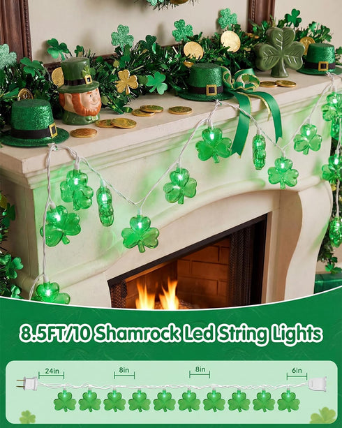 8.5Ft 10 SUNSGNE Shamrock String Lights St. Patrick's Day Lights, Outdoor Patio String Light with LED Green Shamrock