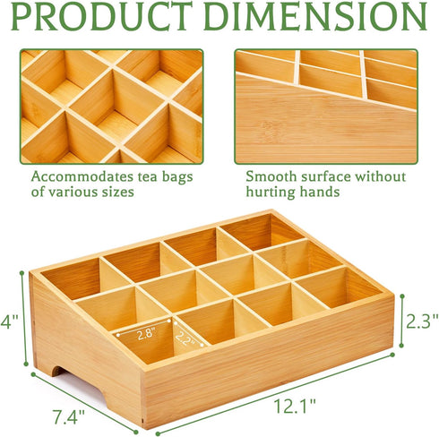 Tea Bag Organizer - Bamboo Storage with 12 Compartments for Tea Bags, Natural Bamboo for Kitchen Cabinet