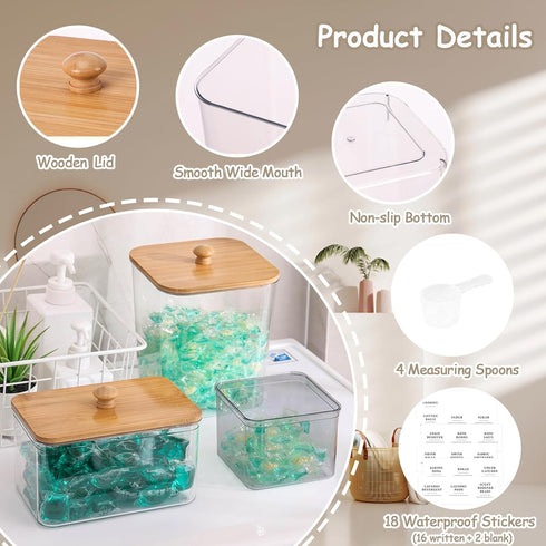 4 Pack Laundry Pods Container,Clear Dryer Sheet Holder & Laundry Room Organization and Storage with Lids, Scoops