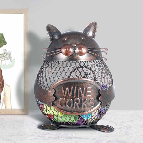 Tooarts Practical Kitten Wine Cork Container, Iron Piggy Bank Home Decoration Gift