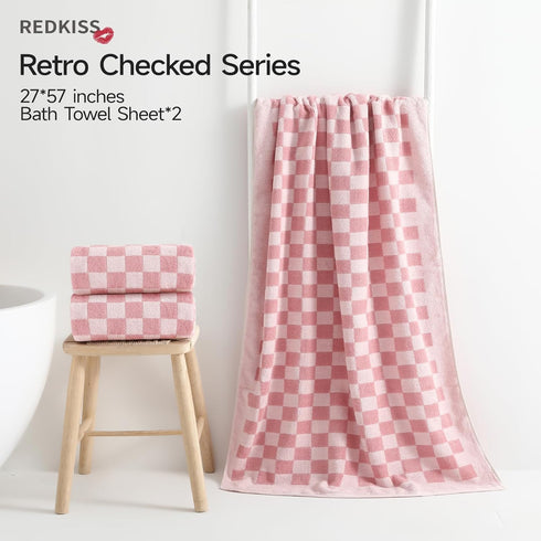 2 Set 27x55 600GSM REDKISS Piece Pink Checkered Bath Towels - Highly Absorbent Pink Cotton Towels for Bathroom