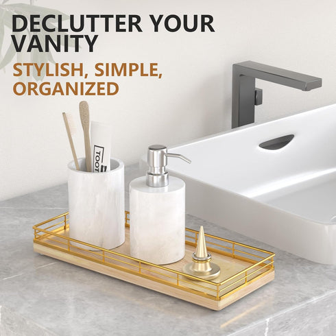 Counter Bathroom Tray for Top Organizer Oak Wood Vanity Tray with Metal Frame for Dresser, Kitchen, Nightstand Gold