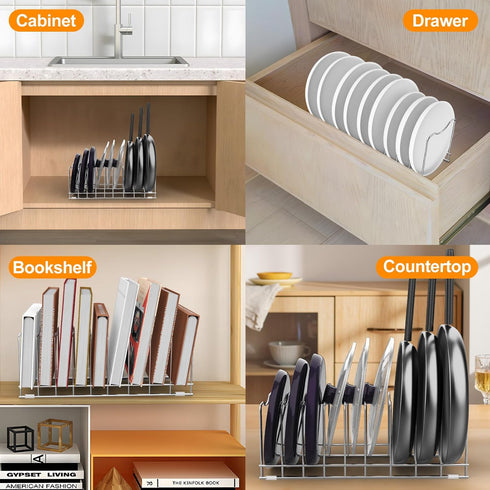 FLSEPAMB 10-Tier Pot Lid Organizer Rack Holder for Bakeware, Plates, Cutting Boards, Pots & Pans, 1 Pack