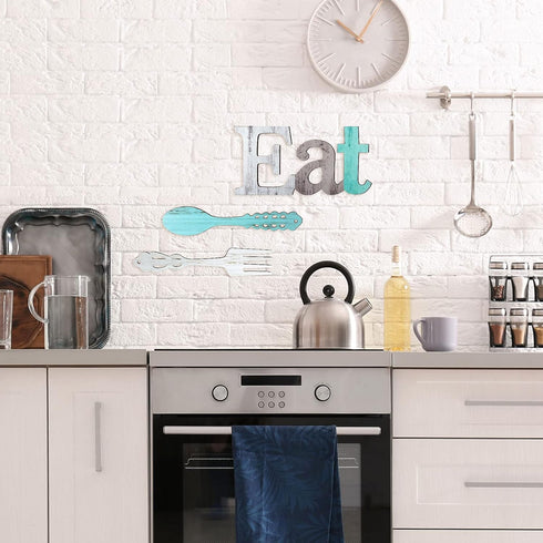 Jetec Set of Eat Sign, Cute Fork and Spoon Wall Decor, Rustic Wood Decorative Hanging Letters for Kitchen Home