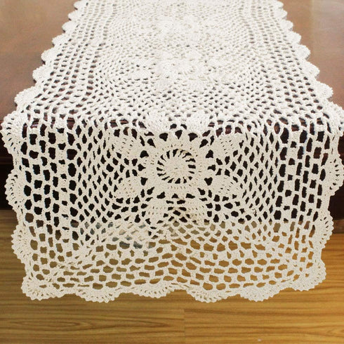 KEPSWET Sunflower Cotton Handmade Crochet Lace Rectangle Table Runner, Beige (14x60 inch)
