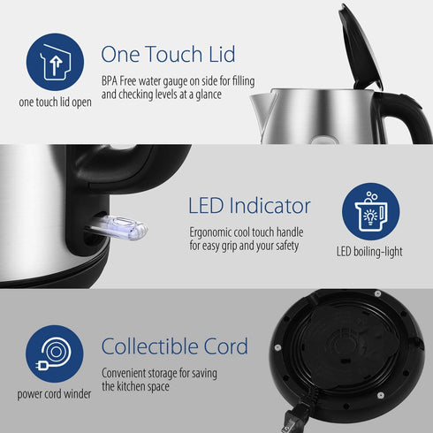 COMFEE' Stainless Steel Electric Kettle, 1.7 Liter Hot Water Kettle, 1500W Fast Boil with Auto Shut-Off