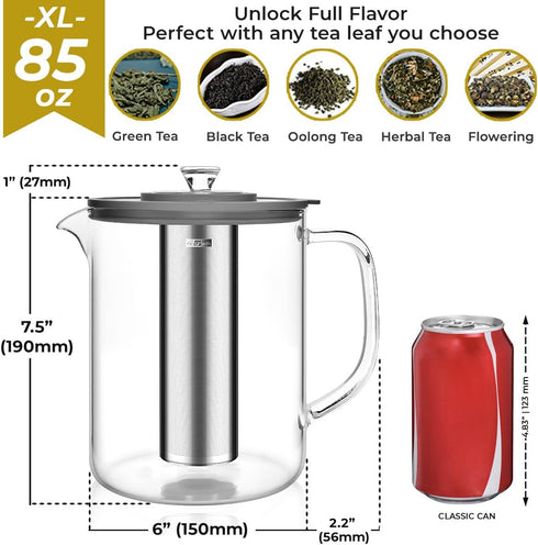 85oz Aquach Large Glass Teapot & Tea Maker- Stovetop & Dishwasher Safe, Plastic-Free Borosilicate Glass Tea Kettle