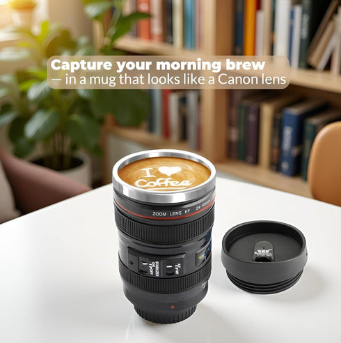 Camera Lens Coffee Mug with Slider Lid – Realistic DSLR Thermos Cup, Novelty Gift for Photographers and Coffee Lovers