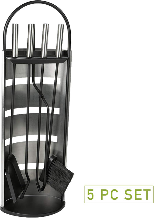 Mind Reader Fireplace Set with Stand - 4 Pcs, Durable Steel, Brush, Shovel Scoop, Poker, Tongs, Silver
