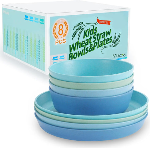 Mfacoy Kids Plates and Bowls Set, Unbreakable Dinnerware - 4 Pcs 7.75" Plates & 4 Pcs 18 oz Bowls, BPA Free