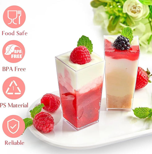 50 Pack 3 oz TOFLEN Square Mini Dessert Cups with Spoons Clear Plastic Dessert Shooter Cups for for Party, Yogurt