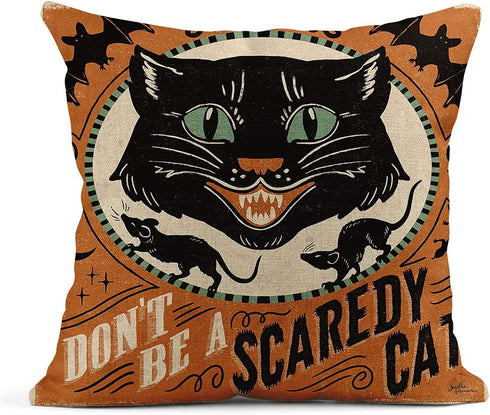 Set of 4 Linen Throw Pillow Covers 18x18 Inch, Vintage Halloween Scaredy Cats Pumpkins Skeletons