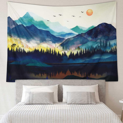 RosieLily Mountain Tapestry, 59"x79" Watercolor Tapestry Nature Tapestry Misty Forest Tapestry Sun Sunset Tree Landscape Tapestry Mountains Teal Mountain Tapestries Lake Birds Tapestry for Bedroom